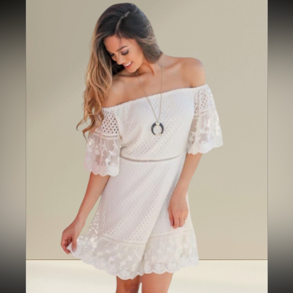 Listicle Off Shoulder Ivory Lace Embroidered Dress Women’s Size Small NWT